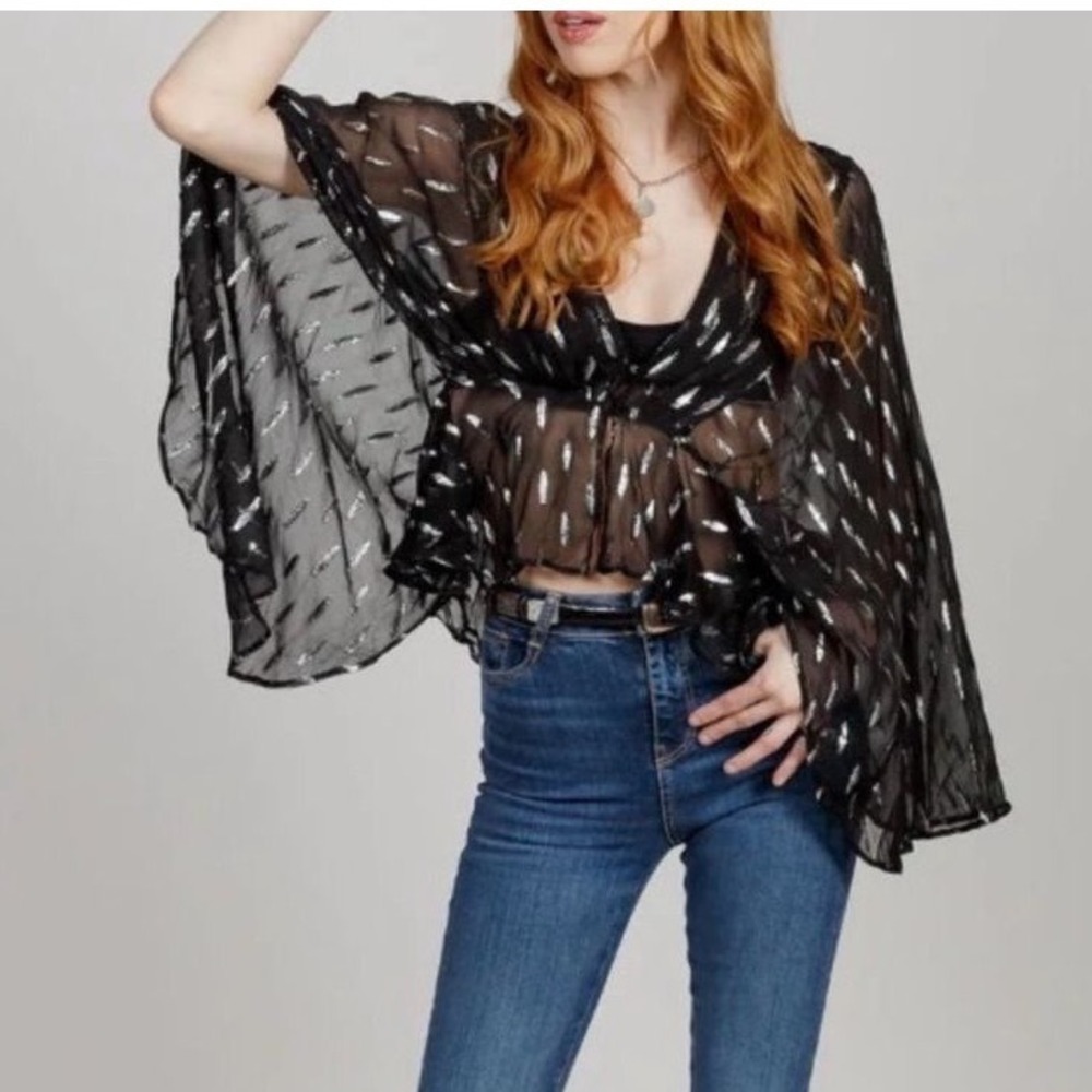 band of the free Sheer Black V-Neck Blouse Silver Leaf‎ Accents Women Small NWT